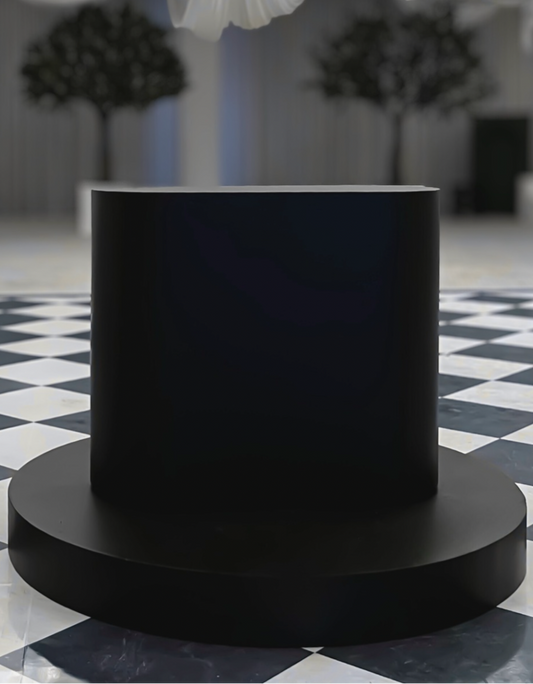 Circular black stage and DJ bar