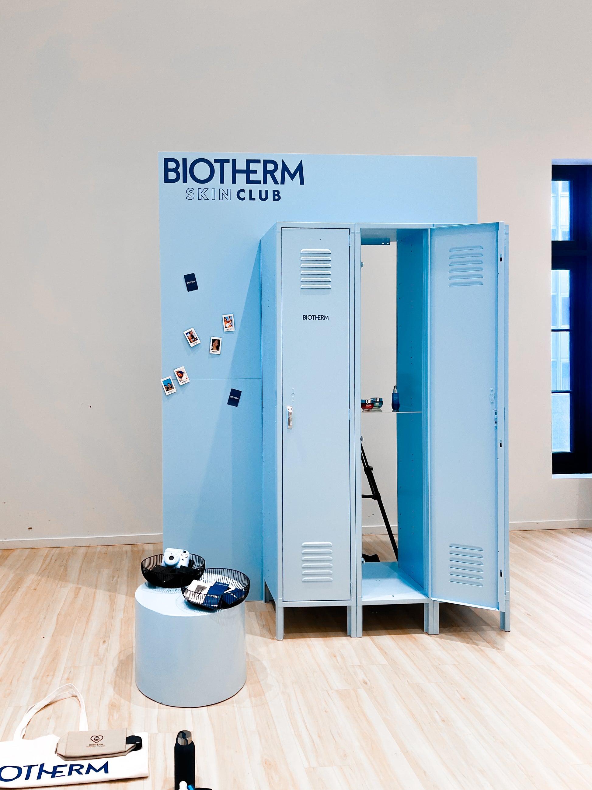 Locker wall display with functional doors, used for brand activation and interactive event setups.