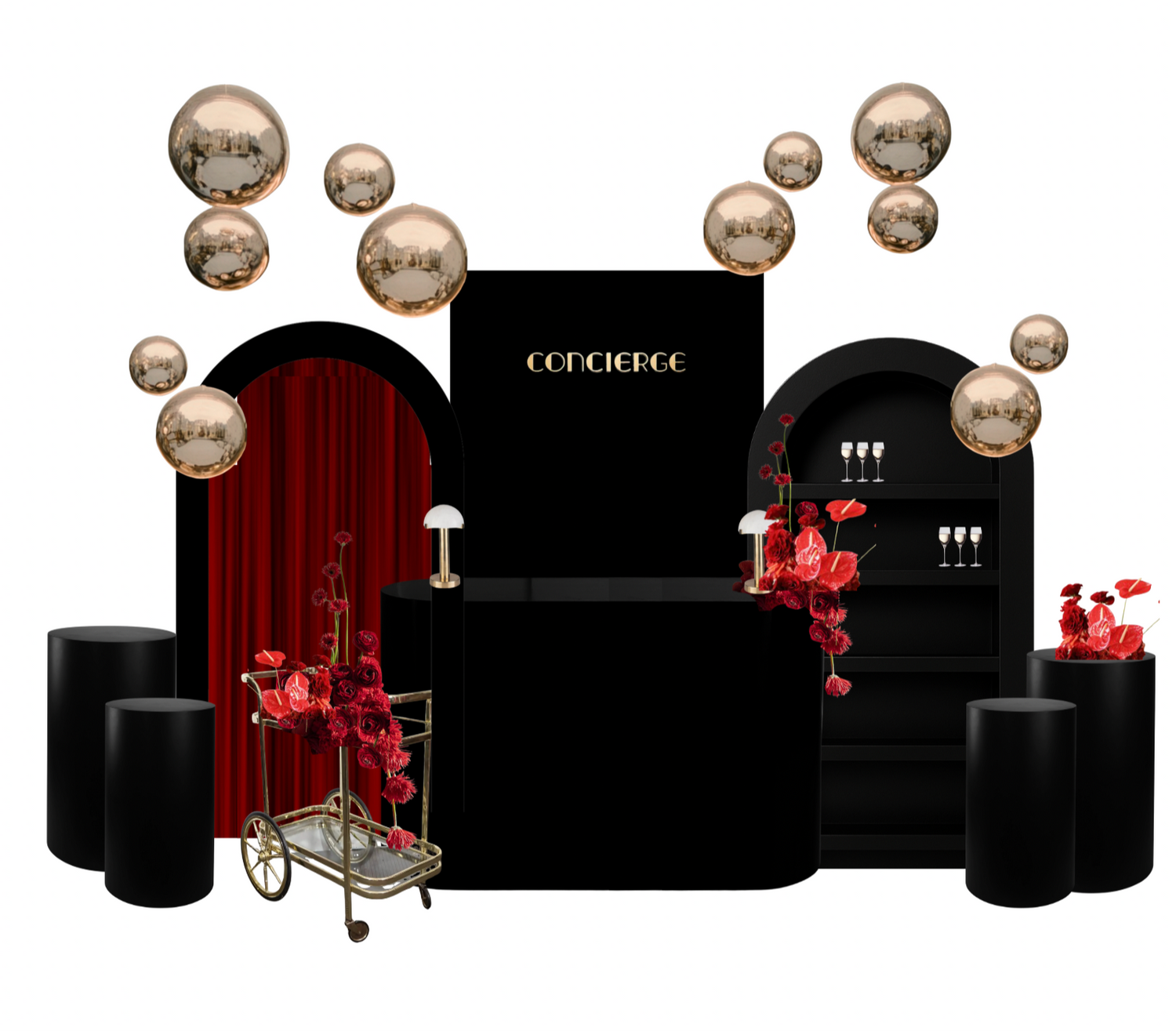 Decorative setup with black furniture, red flowers, and spherical gold decorations, featuring 'Big Flowers Montreal' branding.